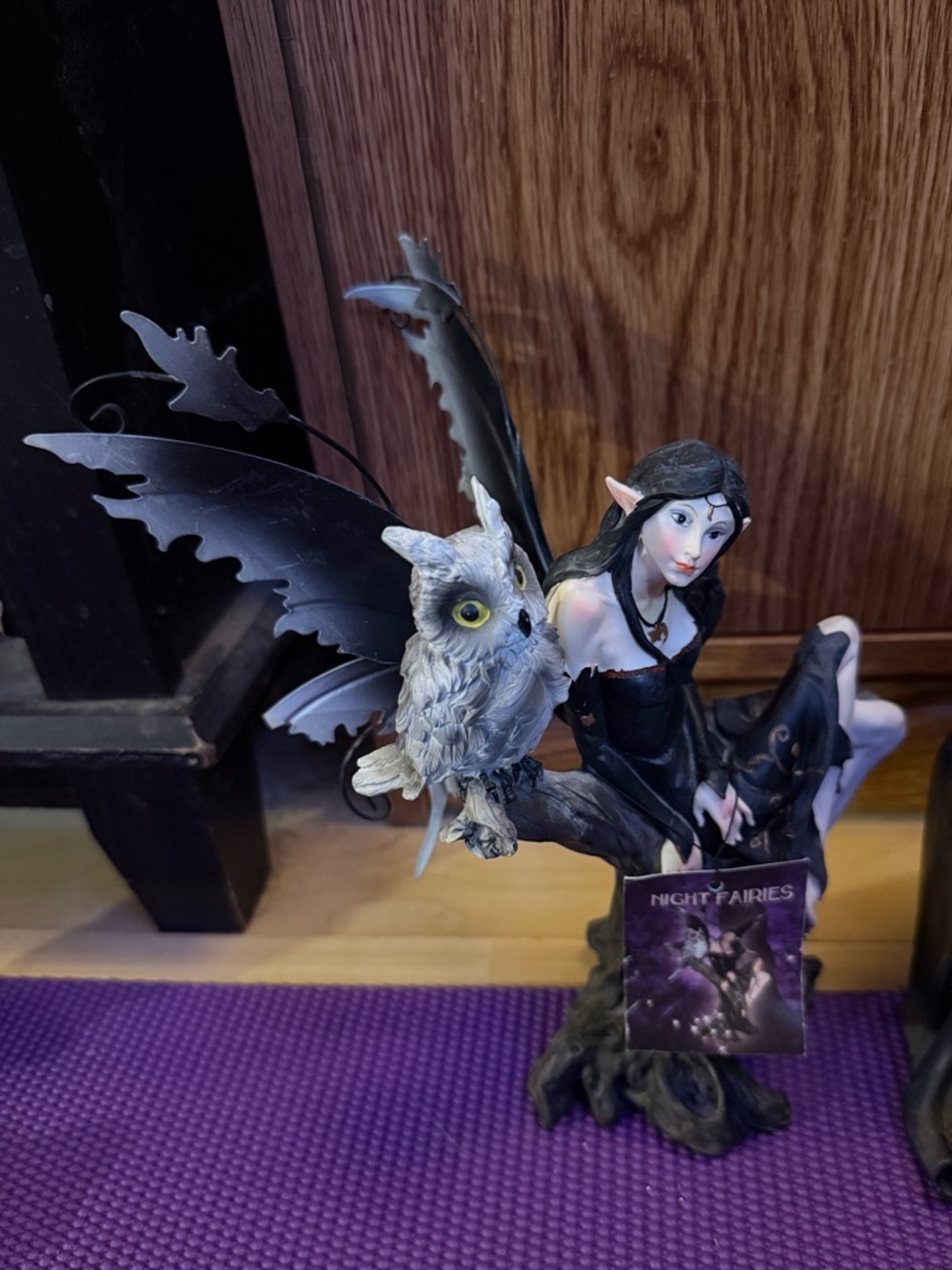 Night Fairy Figurine with Owl — Black and Gray Decorative Accent